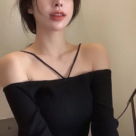 Off shoulder knit top black sexy strap thin sweater - Picture 5 of 7